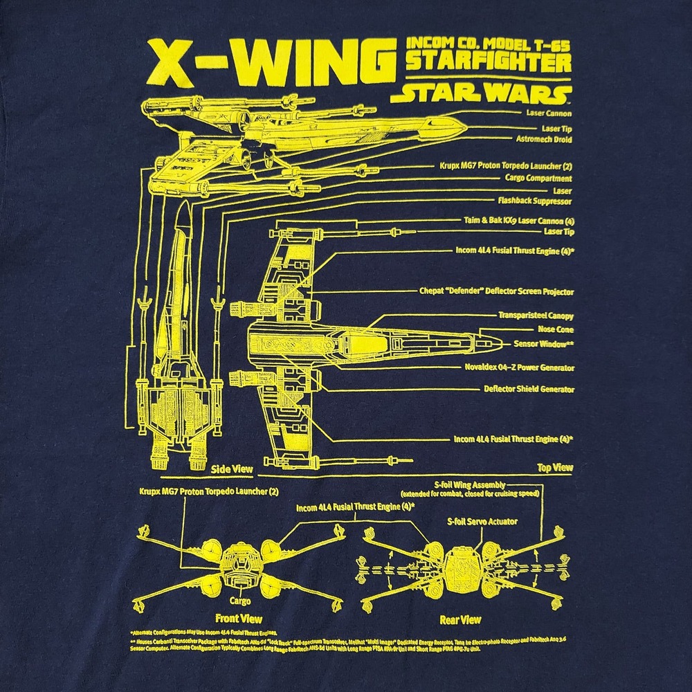 Star Wars Shirt Men's Size Large X-Wing Schematics Short Sleave blue/yellow